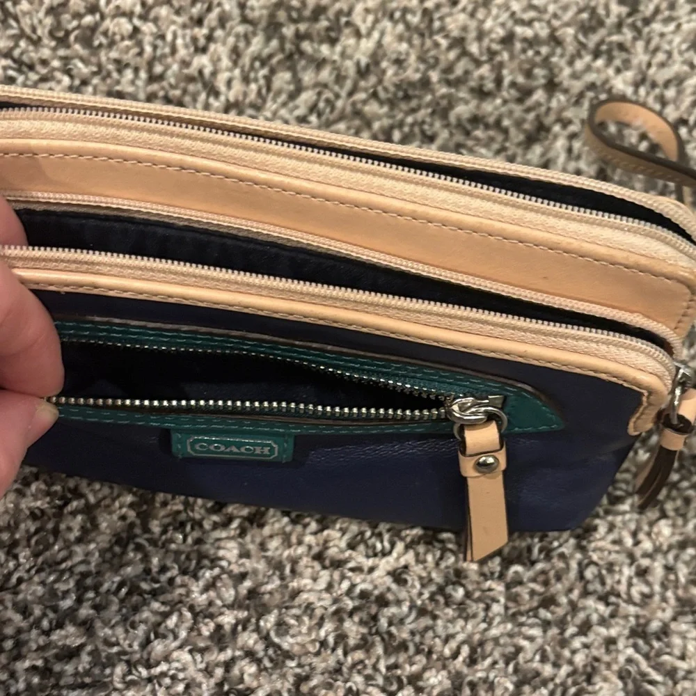 Coach Leather Wristlet Blue, Green & Tan